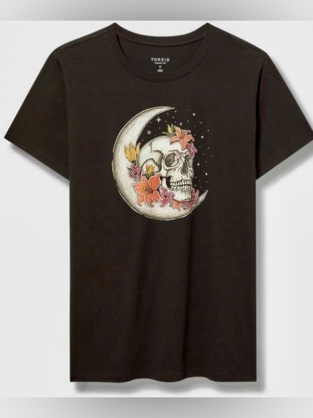 Torrid Black Tee with Moon, Skull & Floral Graphic - Rhinestone Detail - Size 5X